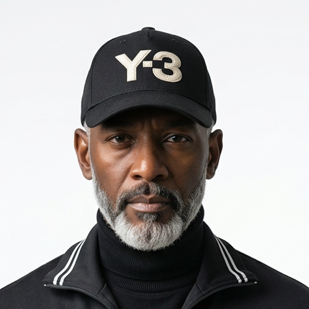 Mann mit Y-3-Cap und schwarzem Turtleneck, seriöser Blick.